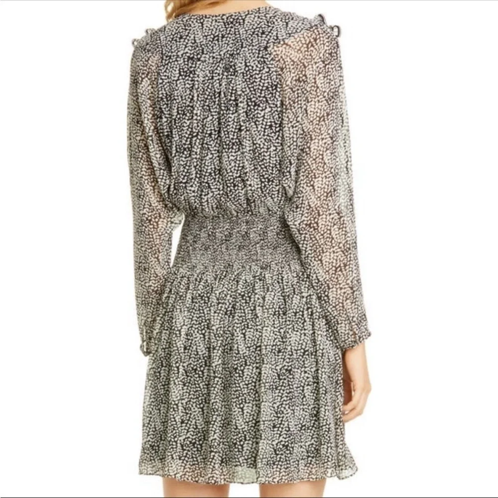 JOIE LILIANNA BLACK WHITE ROMANTIC RUFFLED SILK RUCHED SMOCKED WAIST LINED DRESS
